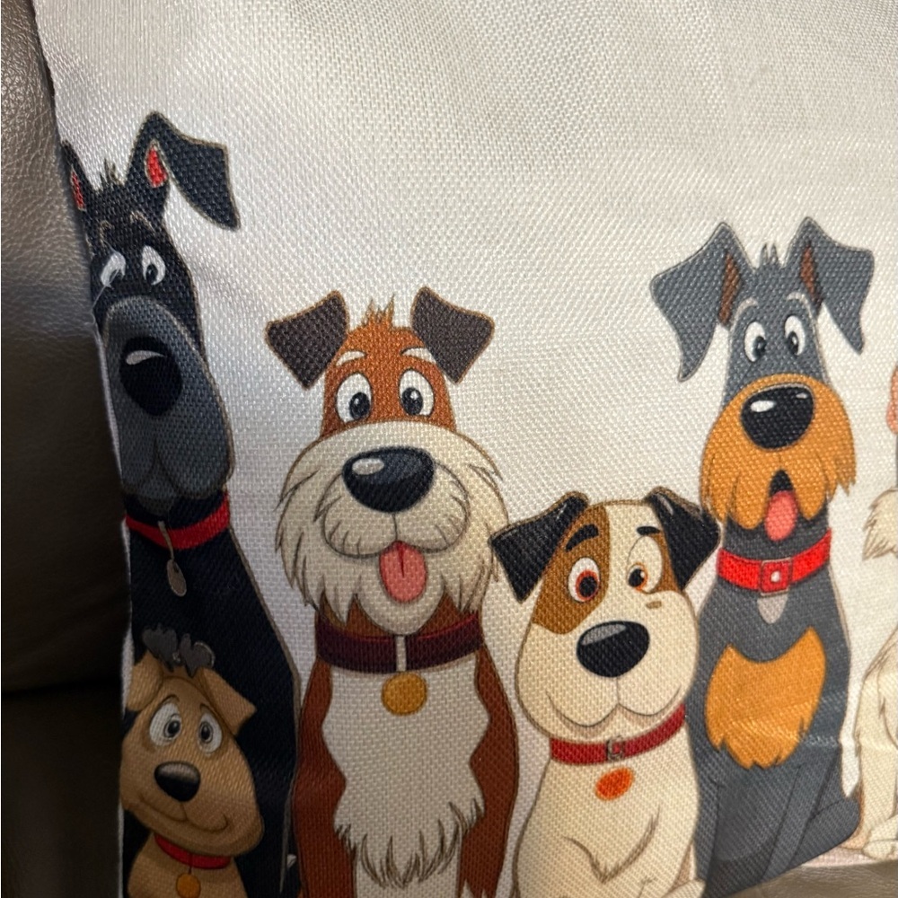 white throw pillow cover featuring a cartoon illustration of several dogs 18x18